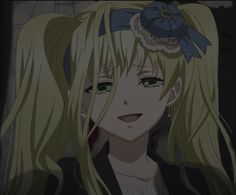 an anime character with blonde hair and green eyes