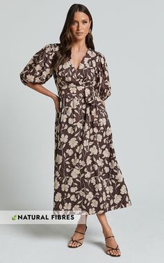 Step into summer with the Francie Midi Dress by Amalie The Label. This stunning A-line dress features a flattering wrap design and playful puff sleeves, perfect for any day-to-night occasion. Made from a lightweight blend of linen and cotton, this brown dress is not only stylish but also breathable and comfortable to wear. The Sahara print adds a touch of exotic charm, making it an ideal choice for your next party or casual outing. With its scoop neckline and midi length, this dress will effortl Red Sequin Dress, Tiered Dresses, Basic Black Dress, Neon Outfits, Bachelorette Dress, Short Playsuit, Dress Wrap, Dress Linen, Long Sleeve Knit Dress