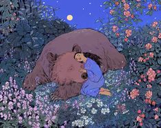 a painting of a woman hugging a large bear in the middle of flowers and trees