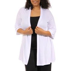 Add a little pizzazz to any outfit with this flowing plus size shrug from 24/7 Comfort Apparel for a whole new look. This modern top features soft cotton construction for versatility and comfort, perfect for any event. With a cascading open front, asymmetrical hem and 3/4-length sleeves, it is the perfect addition to your favorite blouse for that special fashion flair. Size: 3XL. Color: White. Gender: female. Age Group: adult. Solid Summer Cardigan With 3/4 Sleeve, White Oversized Open Front Top, Spring Lightweight Solid Tops, Lightweight Solid Tops For Spring, White Summer Cardigan With 3/4 Sleeves, Cotton Open Front Tops For Loungewear, Open Front Cotton Top For Loungewear, Summer Cotton Cardigan With 3/4 Sleeves, White Stretch Open Front Top