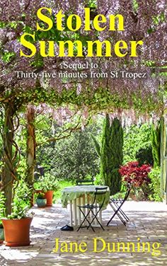 the cover of stonen summer by jane dunning, with an outdoor table and chairs under