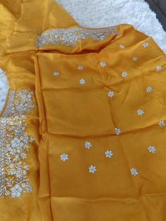 Update! - Zynah covered by LBB - https://lbb.in/bangalore/zynah-designs-handloom-sarees/ This is a precious organza saree in charming yellow color with gotapatti, zardosi, pearl work, and cutwork embroidery, especially for Organza Lovers. The saree features a beautiful floral butis in gotapatti zardosi embroidery work all over the saree. The border is decorated with florals and leaves in gotapatti, zardosi embroidery, adorned with cut-work, and is highlighted with embroidery and pearl work. Colo Zardosi Embroidery, Pearl Work, Organza Silk Saree, Cutwork Embroidery, Readymade Blouse, Organza Saree, Embroidery Work, Handloom Saree, Beautiful Saree