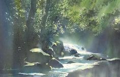 a watercolor painting of a stream in the woods with rocks and trees on either side