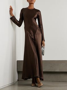 Abadia's elegant silhouettes help you dress for special occasions with minimal effort. Made from panels of lustrous hammered-satin, this 'Yara' dress has sculptural seams and gently skims your figure before falling to a floaty hem that moves gracefully as you walk. Wear yours with heels and pared-back jewelry. Brown Silk Dress Outfit, Silk Dress Outfit, Brown Satin Dress, Brown Silk Dress, Brown Satin, Scarf Dress, Women's Evening Dresses, Brown Silk, Satin Gown