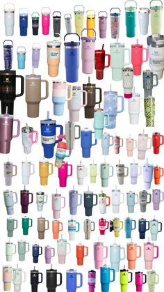 many different colored coffee mugs are arranged in the shape of a collage on a white background