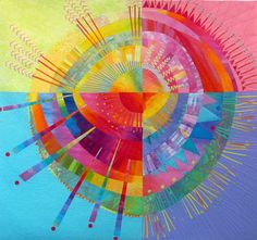 an abstract painting with multiple colors and lines in the center, on a white background