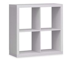 a white bookcase with four shelves on each side