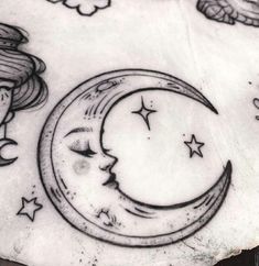 a drawing of a girl sleeping on the moon with stars and clouds above her head