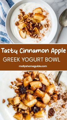 a bowl filled with greek yogurt and topped with granola, walnuts and apples