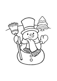 a snowman with a hat, scarf and broom