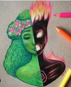 a drawing of a woman's face with fire coming out of her head and on top of the image is colored pencils