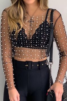 Faux Pearls Decor Mesh Top-Black - Infinity Raine Look Festival, Lace Shirt, Black Mesh, Mesh Top, Crop Tops Women, Black Shirt, Bralette, Sweater Top, Fitness Fashion