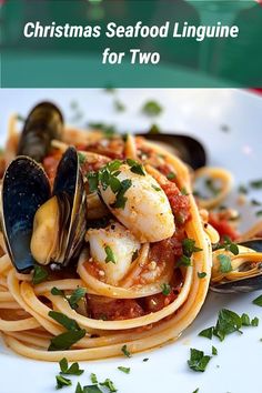 Tender seafood in a garlic white wine sauce over linguine, a delightful romantic Christmas meal for seafood lovers. Seafood Linguine