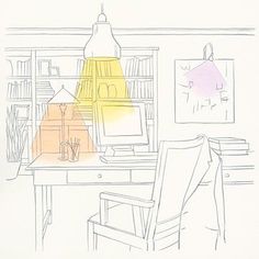 a drawing of a desk with a chair and lamp in the corner next to it