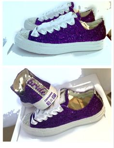 two pictures of purple and white shoes with gold glitter on the soles, one is in