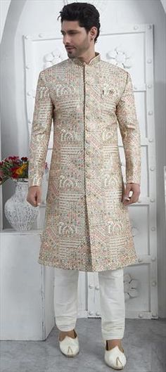 White and Off White color Sherwani in Art Silk fabric with Embroidered, Resham, Sequence, Thread work Multicolor Sherwani With Intricate Embroidery For Festivals, Multicolor Bandhgala With Intricate Embroidery For Wedding, Multicolor Bandhgala With Intricate Embroidery For Eid, Multicolor Wedding Bandhgala With Intricate Embroidery, Wedding Sherwani With Intricate Embroidery In Multicolor, Wedding Multicolor Sherwani With Chikankari Embroidery, Wedding Multicolor Sherwani With Intricate Embroidery, Multicolor Sherwani With Chikankari Embroidery For Wedding, Ceremonial Embroidered Multicolor Sherwani