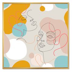 an abstract painting with two faces and circles on the wall in front of a white background