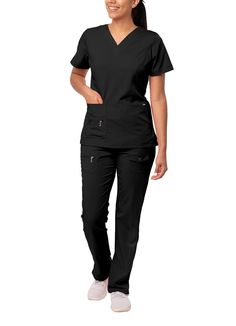 PRICES MAY VARY. Mid-Rise Tapered Leg Scrub Pants with Double Belt Loops in Front and Back Multiple Pockets with Tonal Snap and Zipper Detail Scrub Pants, inseam Regular: 31.5'' Petite: 29.5" Tall:33.5" Fully curved Princess Seaming in Front and Back V-Neckline Scrub Top length 26'' in size M Shaped Patch Pockets with an extra Mini Patch Pocket Overlay with Zipper Detail Scrub Top Tailored Fit, Super Soft Stretch Fabric, Wrinkle & Odor Resistant, Easy Care About Us:  Adar has been in the Medical Multi Pocket Pants, Leg Scrub, Double Belt, Safety Clothing, Medical Uniforms, Womens Scrubs, Medical Scrubs, Scrub Sets, 4 Way Stretch Fabric