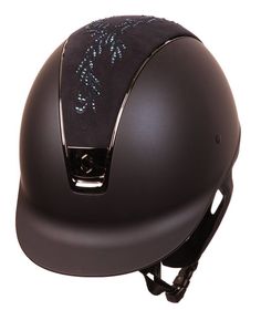 a black helmet with blue flowers on it's side and the visor closed