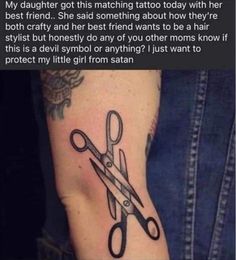 a person with a tattoo on their arm has scissors in front of him and the caption reads, my daughter got this matching tattoo today