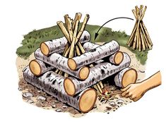 a pile of logs sitting on top of a dirt field