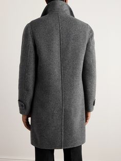 Brioni's coat is tailored from a wool and cashmere-blend and features a cool micro-check pattern. It has a smart point collar, button-fastening tabs at the cuffs and a concealed placket for a streamlined finish. Flannel Coat, Brioni Men, Coat For Men, Wool Trench Coat, Wool Flannel, Wardrobe Edit, Grey Coat, Car Coat, Wool Blend Coat