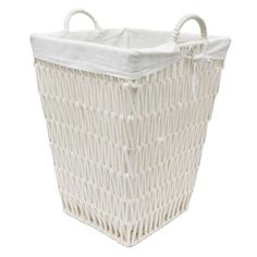 a white laundry basket with handles on the front and bottom, sitting against a white background