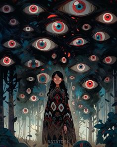 a woman standing in the middle of a forest surrounded by evil looking blue and red eyes