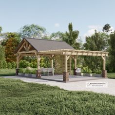 an outdoor pavilion with seating and tables in the grass