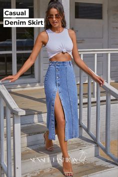 Refresh your wardrobe with this chic Button Side Split High Waisted Denim Skirt! With belt loops and a modern front/side slit, this trendy skirt is perfect for any fashionista. Show off your sense of style and strut your confidence. Let your outfit do the talking! Pair with a cropped top and white sneakers/heels for an ultimate chic look. Denim Skirts Knee Length, Jean Skirt Outfits, High Waisted Denim Skirt, Denim Skirt Outfits, Nature Dress, Trendy Skirts, Denim Skirt Women, Looks Chic, Unique Dresses