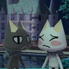 two cartoon cats standing next to each other in front of a building with turrets on it