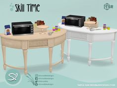 two white tables with microwaves on top of them and the words skill time written below