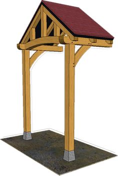 a wooden gazebo with a red roof and shinning on the top, in front of a white background