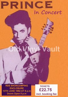 an advertisement for prince in concert with a man holding a guitar and looking at the camera