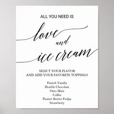 a white and black wedding card with the words love and ice cream written on it