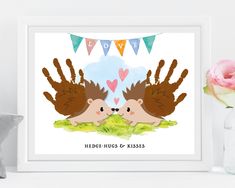 two hedgehogs in love with hearts and bunting