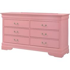 a pink dresser with drawers and knobs