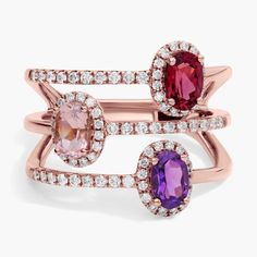 This ring features amethyst, morganite and rhodolite garnet gemstones that sparkle in a split design that splays it into the appearance of three bands. Delicate accent diamonds add brilliance along the lustrous 14k rose gold design.. Precious Gemstones Jewelry, Split Design, Rhodolite Garnet, Garnet Gemstone, Stacking Ring, Gold Design, Three Stone, Morganite, Semi Precious Gemstones