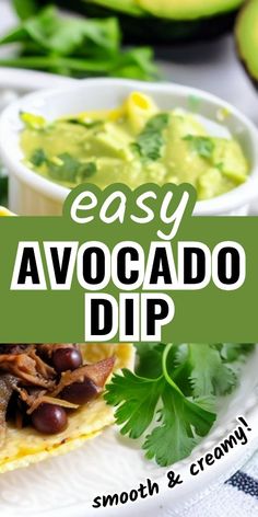 an easy avocado dip recipe on a plate with cilantro and black beans