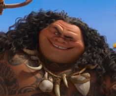 an animated character with long black hair and large horns, smiling at the camera while standing in front of other characters