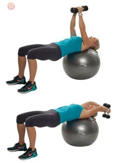 a woman is doing exercises on an exercise ball