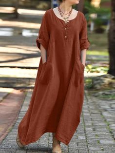 Women's Half Sleeve Scoop Neck Cotton Linen Casual Midi Dress Plus Size Summer Outfits Dresses, Loose Summer Dress, Pocket Maxi Dress, Loose Maxi Dress, Cotton Linen Dresses, Stylish Party Dresses, Linen Casual, Women Long Dresses, Loose Dress