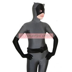 Grey Catwoman Lycra Spandex Zentai Suit Fitted Black Set For Halloween, Black Fitted Unitard For Costume Party, Fitted Black Unitard For Costume Party, Fitted Black Sets For Costume Party, Black Fitted Costume Party Set, Fitted Black Set For Costume Party, Catwoman Suit Concept, Catwoman Purple Suit, Fitted Long Sleeve Unitard For Cosplay