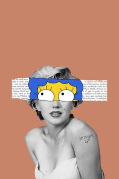 a woman wearing a paper mask with the simpsons face drawn on it's forehead