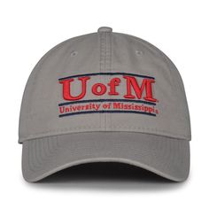 the uofm hat is grey with red and blue lettering on it, which reads university of mississippi