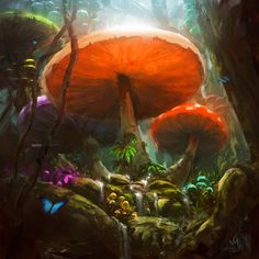 an artistic painting of mushrooms in the forest