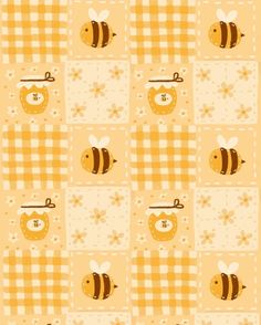 a yellow and white checkered wallpaper with a bee on the front, and two bees on the back