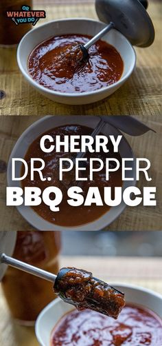 the recipe for cherry dr pepper bbq sauce is shown in two bowls with tongs