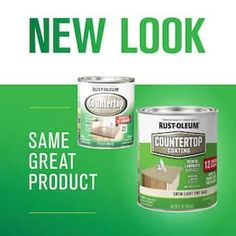 a can of paint with the words, new look same great product in green and white