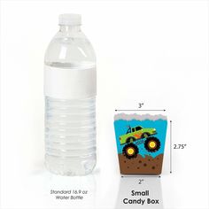 a plastic water bottle with an image of a monster truck on the front and side